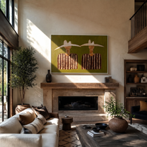 Pale Hats Hold Stillness — Twin White-Hat Figures Painting | Modern Figurative Horizontal Wall Art – brown and black modern figurative vintage americana art, horizontal hand-painted canvas art – view 2