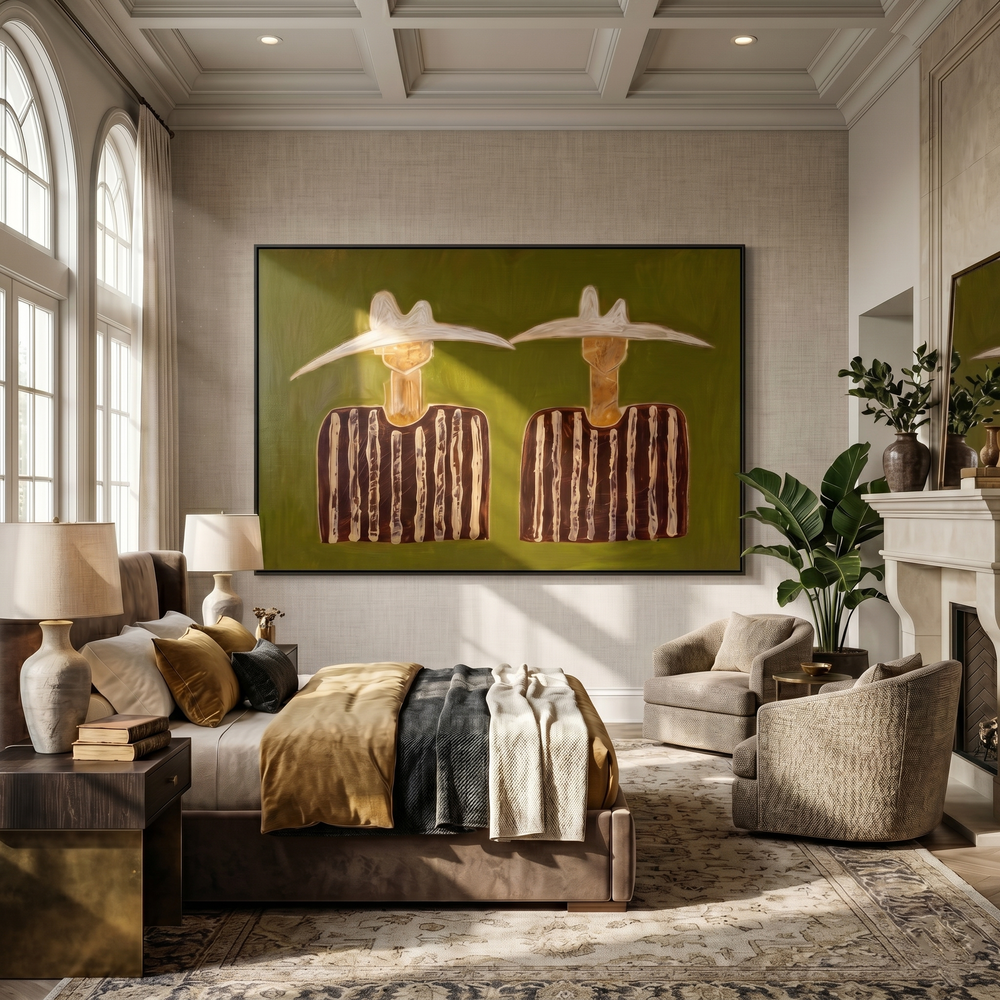 Pale Hats Hold Stillness — Twin White-Hat Figures Painting | Modern Figurative Horizontal Wall Art – brown and black modern figurative vintage americana art, horizontal hand-painted canvas art – view 6
