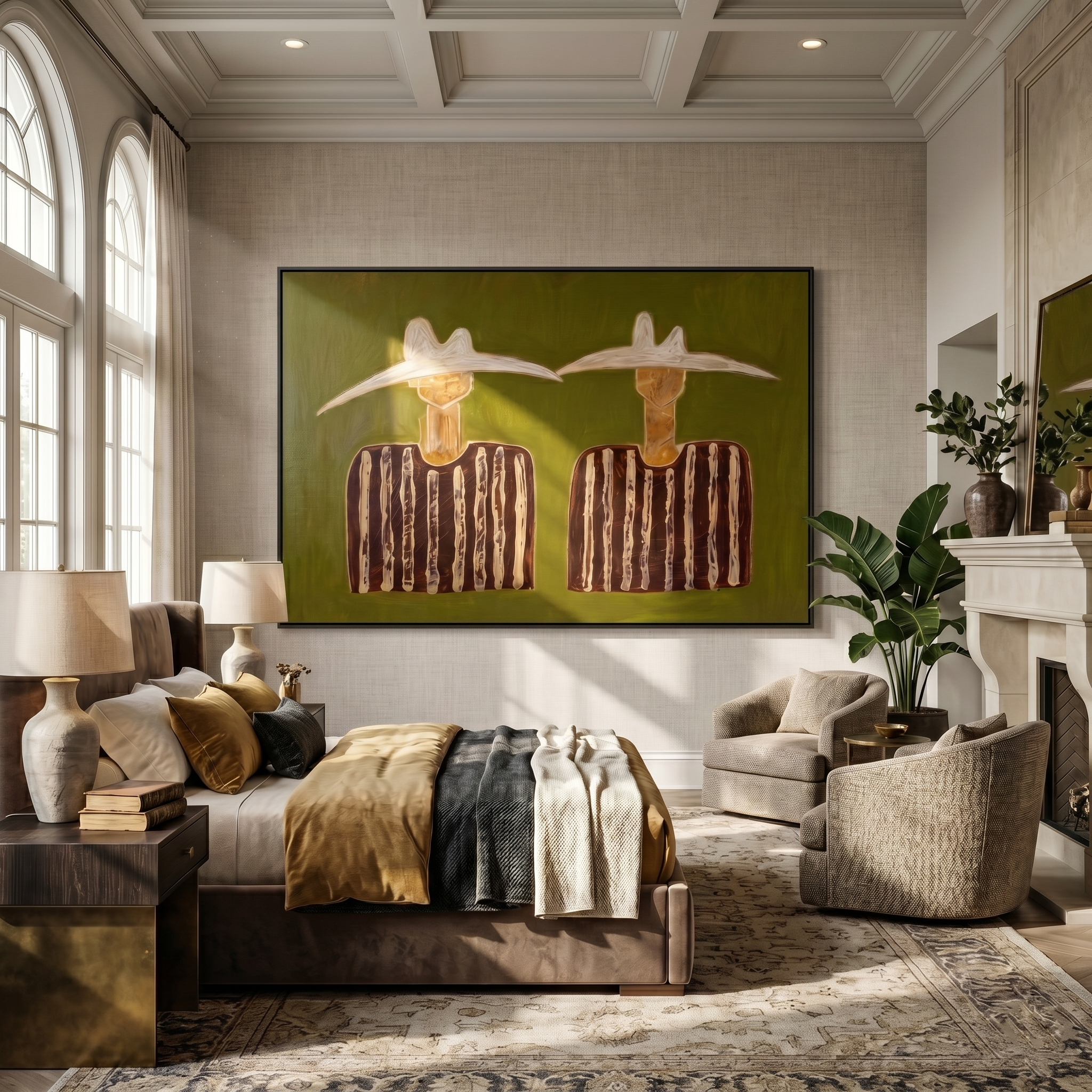 Pale Hats Hold Stillness — Twin White-Hat Figures Painting | Modern Figurative Horizontal Wall Art – brown and black modern figurative vintage americana art, horizontal hand-painted canvas art – view 6