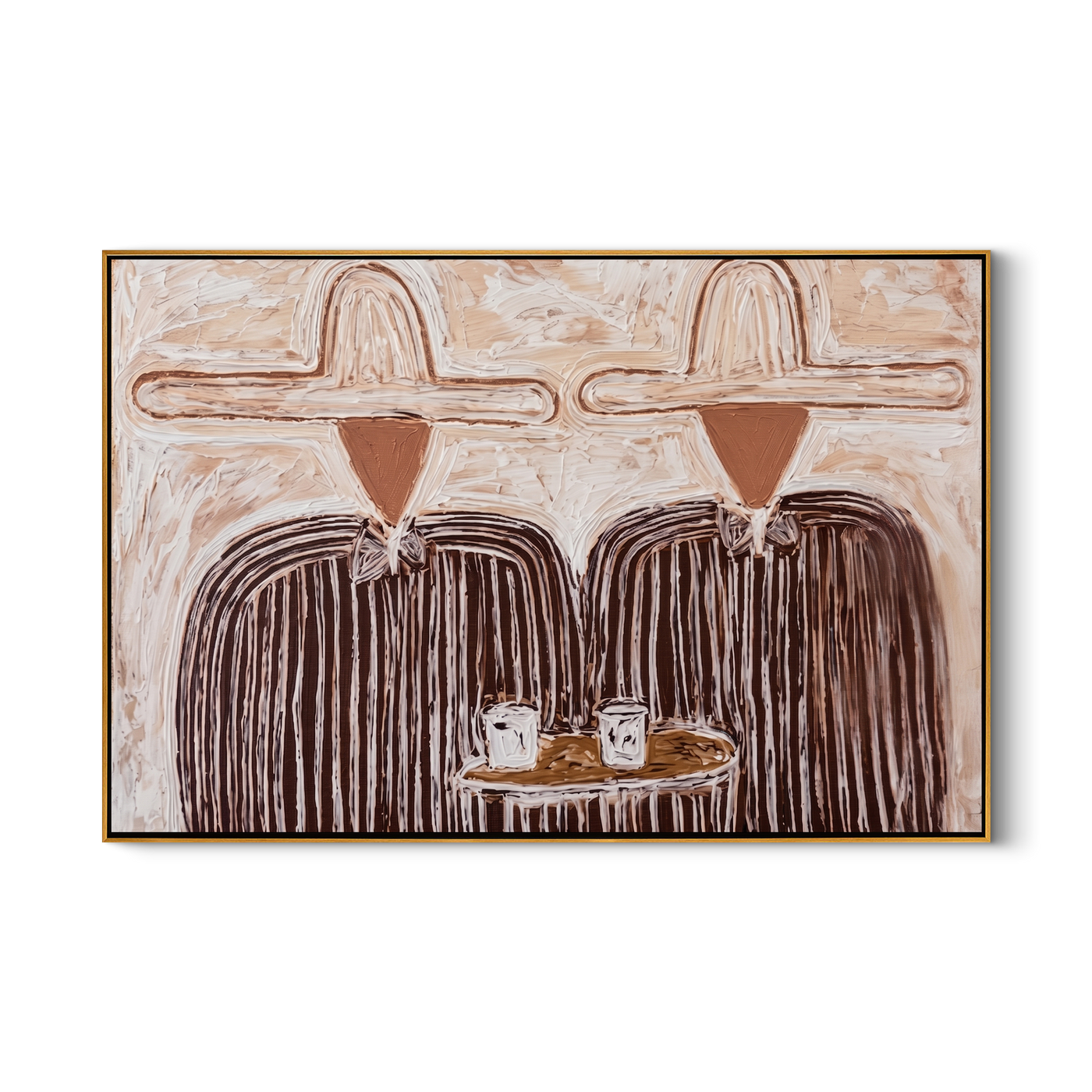 Coffee Between Two Hats — Cowboy Coffee Pair Painting | Modern Figurative Horizontal Wall Art – brown and gray modern figurative vintage americana art, horizontal hand-painted canvas art – view 1