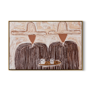 Coffee Between Two Hats — Cowboy Coffee Pair Painting | Modern Figurative Horizontal Wall Art – brown and gray modern figurative vintage americana art, horizontal hand-painted canvas art – view 1