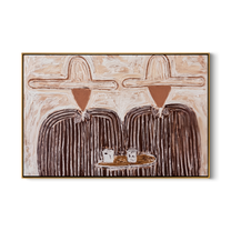 Coffee Between Two Hats — Cowboy Coffee Pair Painting | Modern Figurative Horizontal Wall Art – brown and gray modern figurative vintage americana art, horizontal hand-painted canvas art – view 1