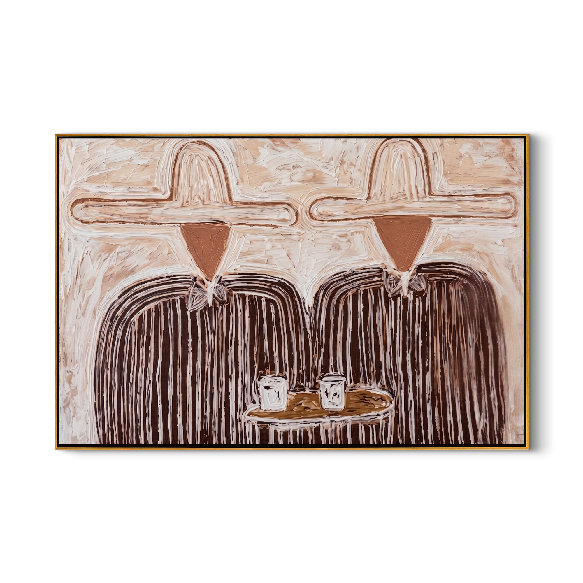 Coffee Between Two Hats — Cowboy Coffee Pair Painting | Modern Figurative Horizontal Wall Art – brown and gray modern figurative vintage americana art, horizontal hand-painted canvas art – view 1