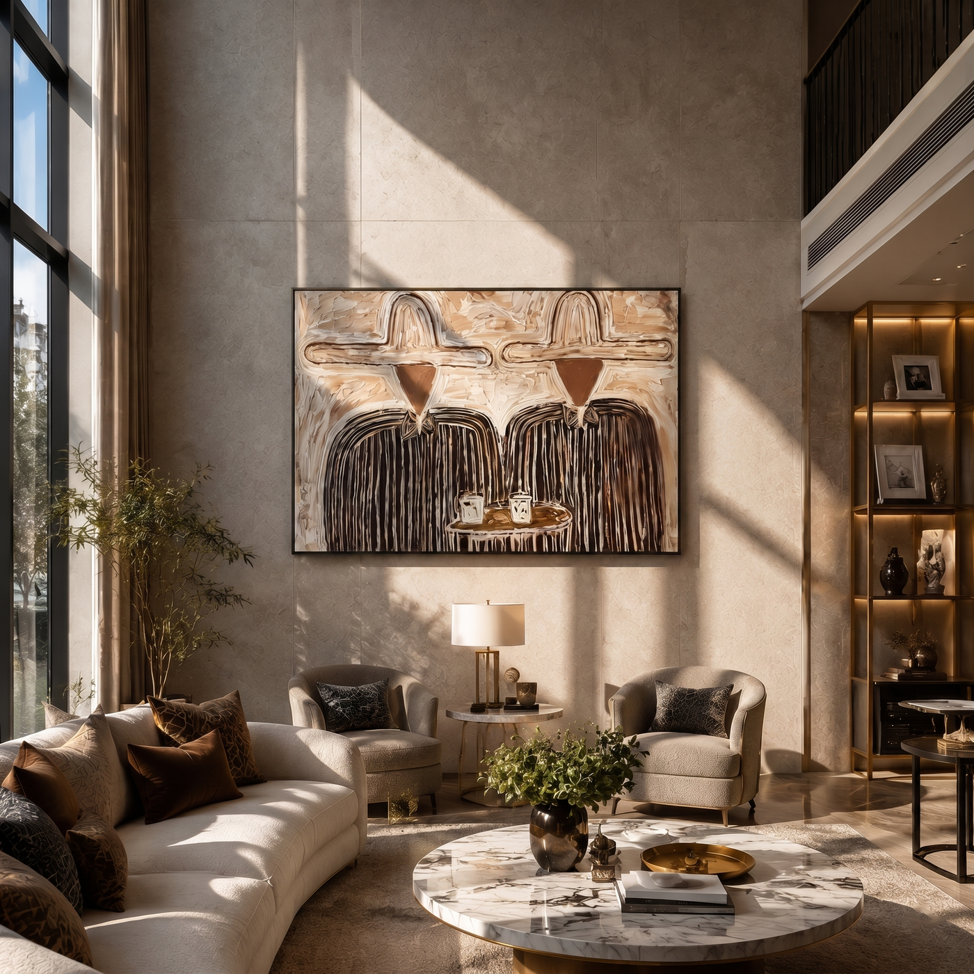 Coffee Between Two Hats — Cowboy Coffee Pair Painting | Modern Figurative Horizontal Wall Art – brown and gray modern figurative vintage americana art, horizontal hand-painted canvas art – view 2
