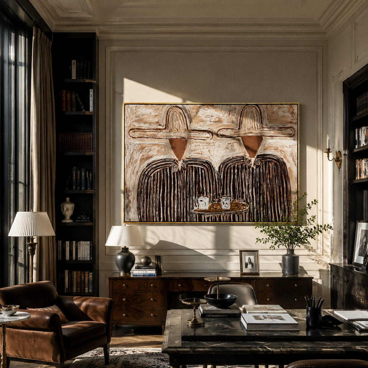 Coffee Between Two Hats — Cowboy Coffee Pair Painting | Modern Figurative Horizontal Wall Art – brown and gray modern figurative vintage americana art, horizontal hand-painted canvas art – view 3