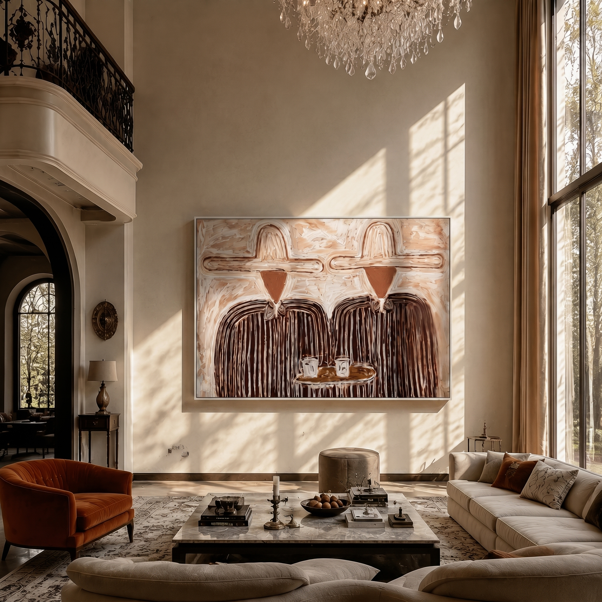 Coffee Between Two Hats — Cowboy Coffee Pair Painting | Modern Figurative Horizontal Wall Art – brown and gray modern figurative vintage americana art, horizontal hand-painted canvas art – view 6