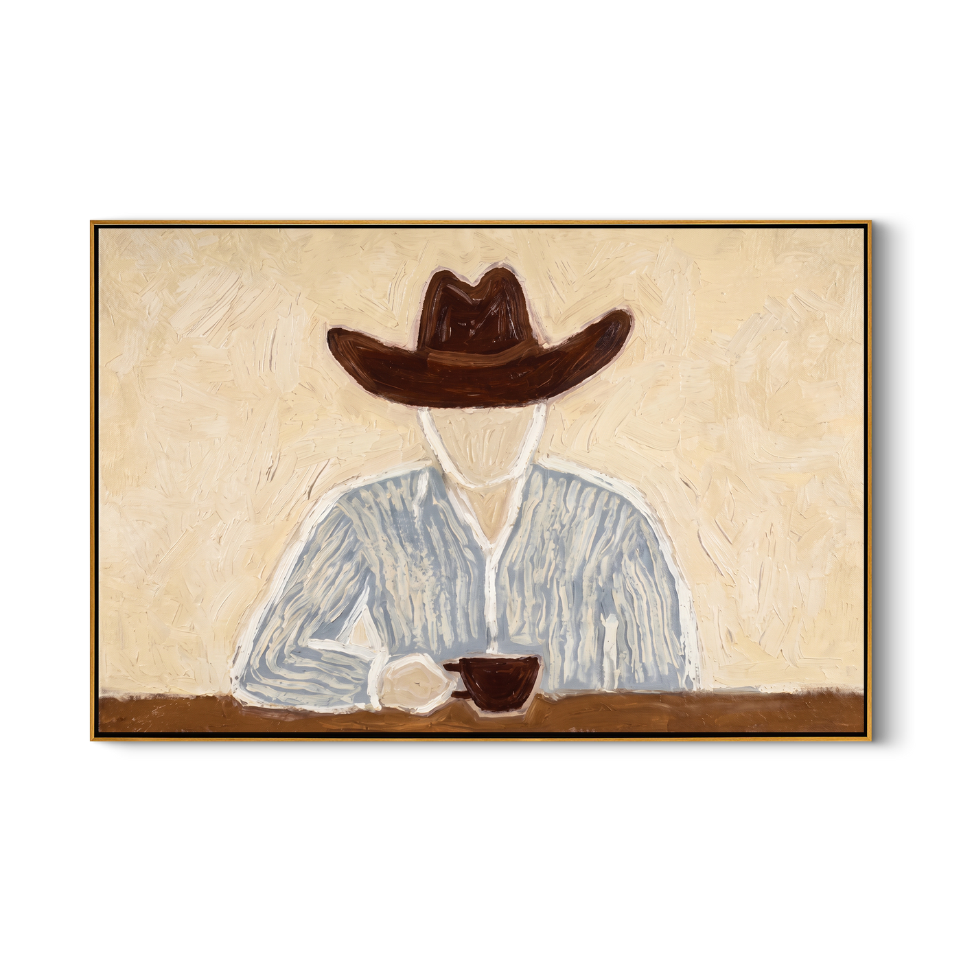 Brown Hat Morning Coffee — Solitary Cowboy Coffee Painting | Modern Figurative Horizontal Wall Art – brown and gray modern figurative vintage americana art, horizontal hand-painted canvas art – view 1