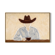 Brown Hat Morning Coffee — Solitary Cowboy Coffee Painting | Modern Figurative Horizontal Wall Art – brown and gray modern figurative vintage americana art, horizontal hand-painted canvas art – view 1