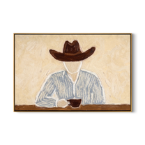 Brown Hat Morning Coffee — Solitary Cowboy Coffee Painting | Modern Figurative Horizontal Wall Art – brown and gray modern figurative vintage americana art, horizontal hand-painted canvas art – view 1