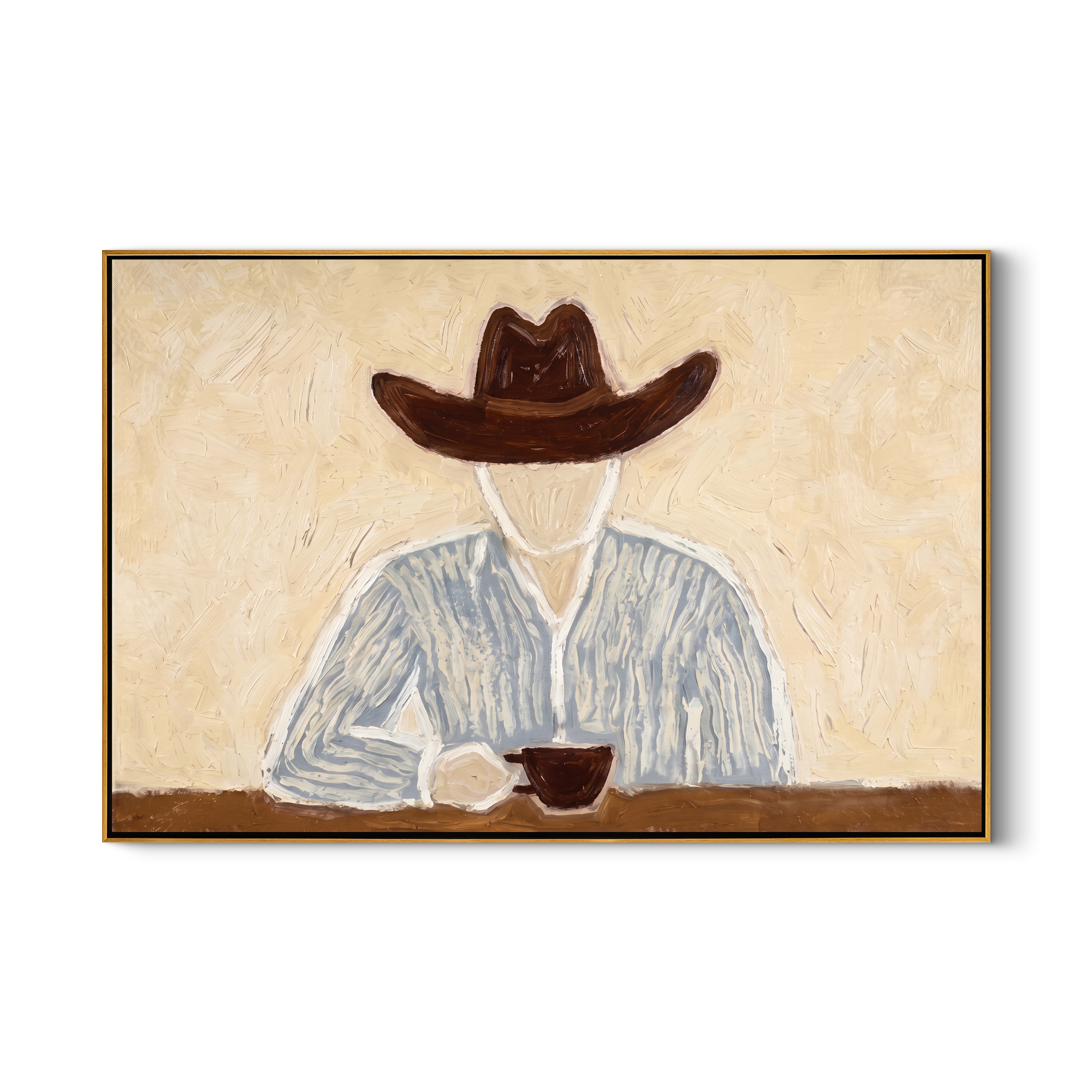 Brown Hat Morning Coffee — Solitary Cowboy Coffee Painting | Modern Figurative Horizontal Wall Art – brown and gray modern figurative vintage americana art, horizontal hand-painted canvas art – view 1