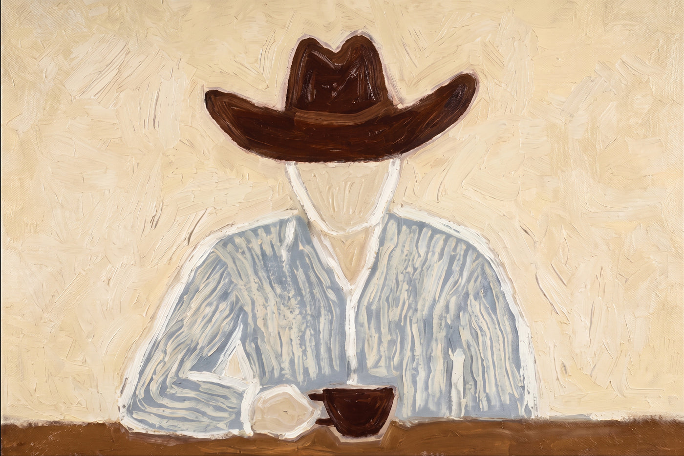 Brown Hat Morning Coffee — Solitary Cowboy Coffee Painting | Modern Figurative Horizontal Wall Art – brown and gray modern figurative vintage americana art, horizontal hand-painted canvas art – view 2