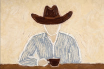 Brown Hat Morning Coffee — Solitary Cowboy Coffee Painting | Modern Figurative Horizontal Wall Art – brown and gray modern figurative vintage americana art, horizontal hand-painted canvas art – view 2
