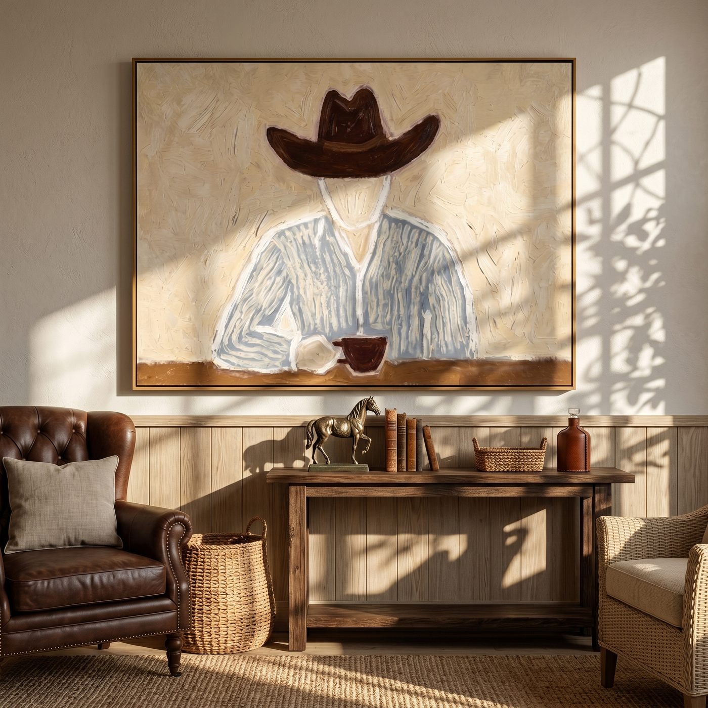 Brown Hat Morning Coffee — Solitary Cowboy Coffee Painting | Modern Figurative Horizontal Wall Art – brown and gray modern figurative vintage americana art, horizontal hand-painted canvas art – view 3
