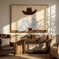 Brown Hat Morning Coffee — Solitary Cowboy Coffee Painting | Modern Figurative Horizontal Wall Art – brown and gray modern figurative vintage americana art, horizontal hand-painted canvas art – view 3