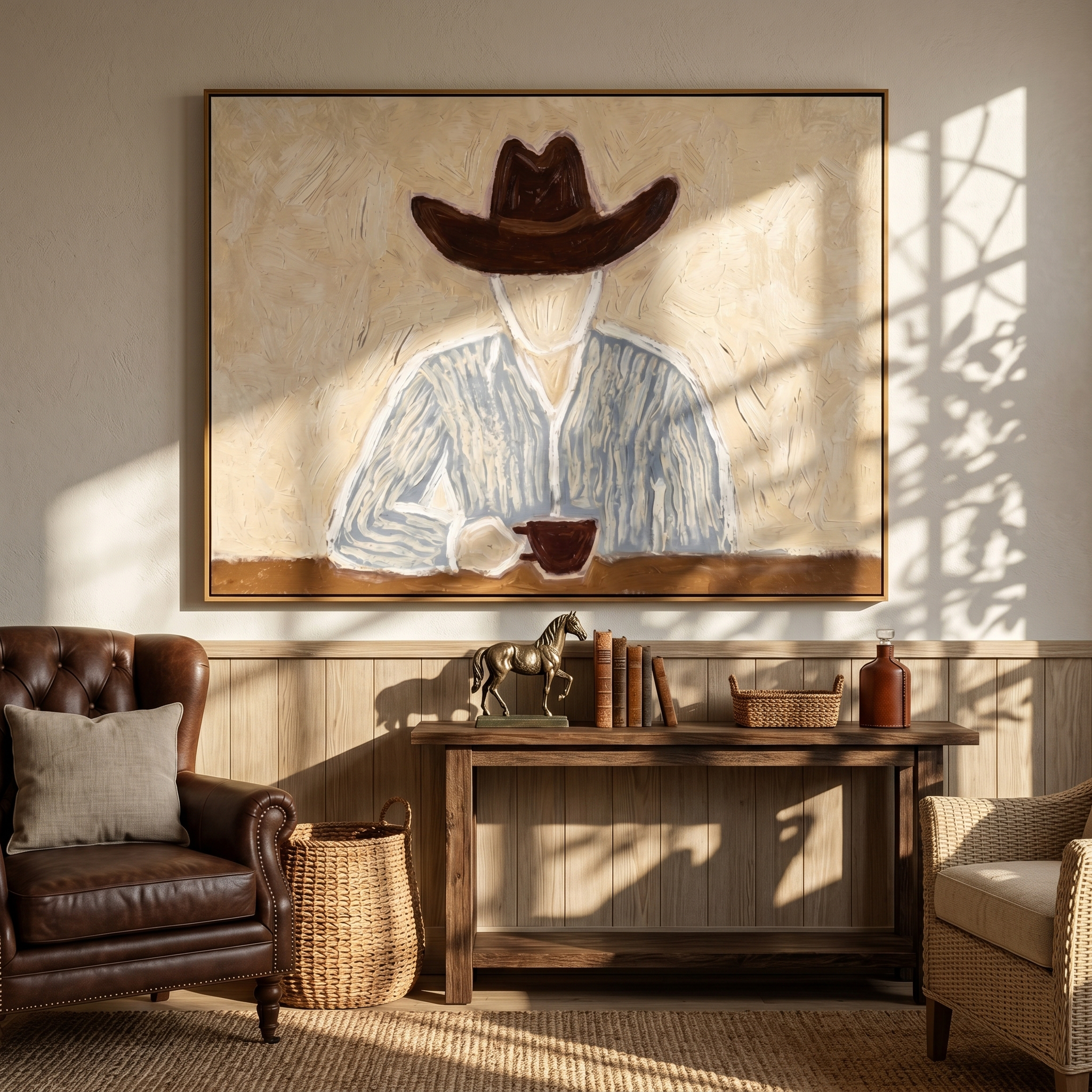 Brown Hat Morning Coffee — Solitary Cowboy Coffee Painting | Modern Figurative Horizontal Wall Art – brown and gray modern figurative vintage americana art, horizontal hand-painted canvas art – view 3