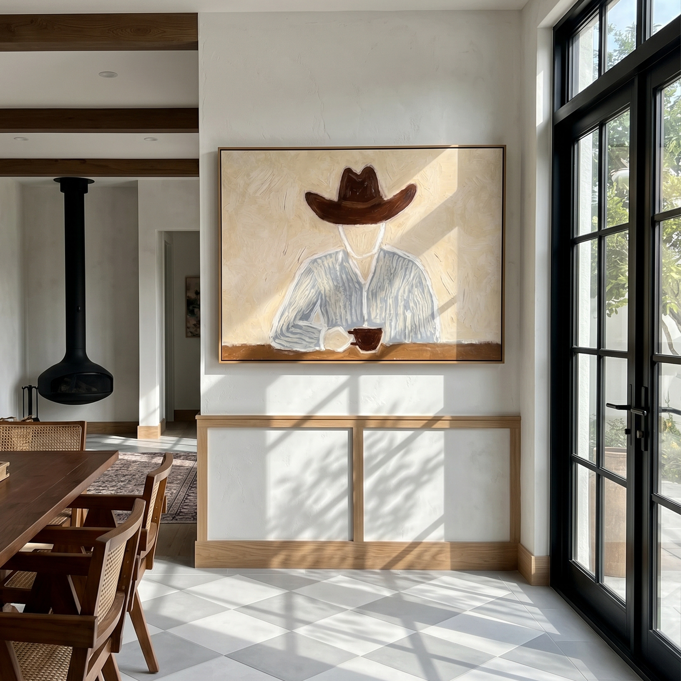 Brown Hat Morning Coffee — Solitary Cowboy Coffee Painting | Modern Figurative Horizontal Wall Art – brown and gray modern figurative vintage americana art, horizontal hand-painted canvas art – view 4