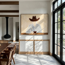 Brown Hat Morning Coffee — Solitary Cowboy Coffee Painting | Modern Figurative Horizontal Wall Art – brown and gray modern figurative vintage americana art, horizontal hand-painted canvas art – view 4