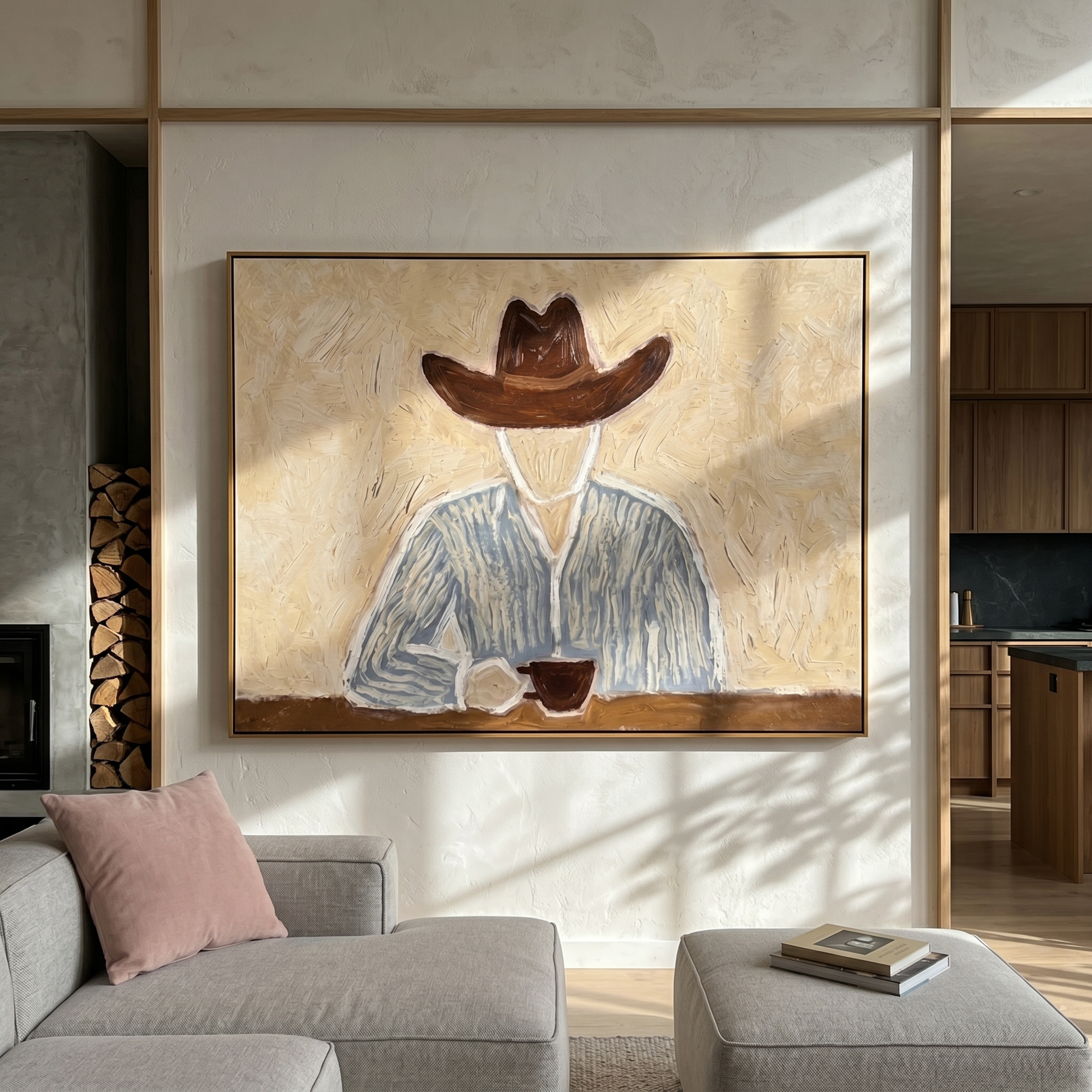 Brown Hat Morning Coffee — Solitary Cowboy Coffee Painting | Modern Figurative Horizontal Wall Art – brown and gray modern figurative vintage americana art, horizontal hand-painted canvas art – view 5
