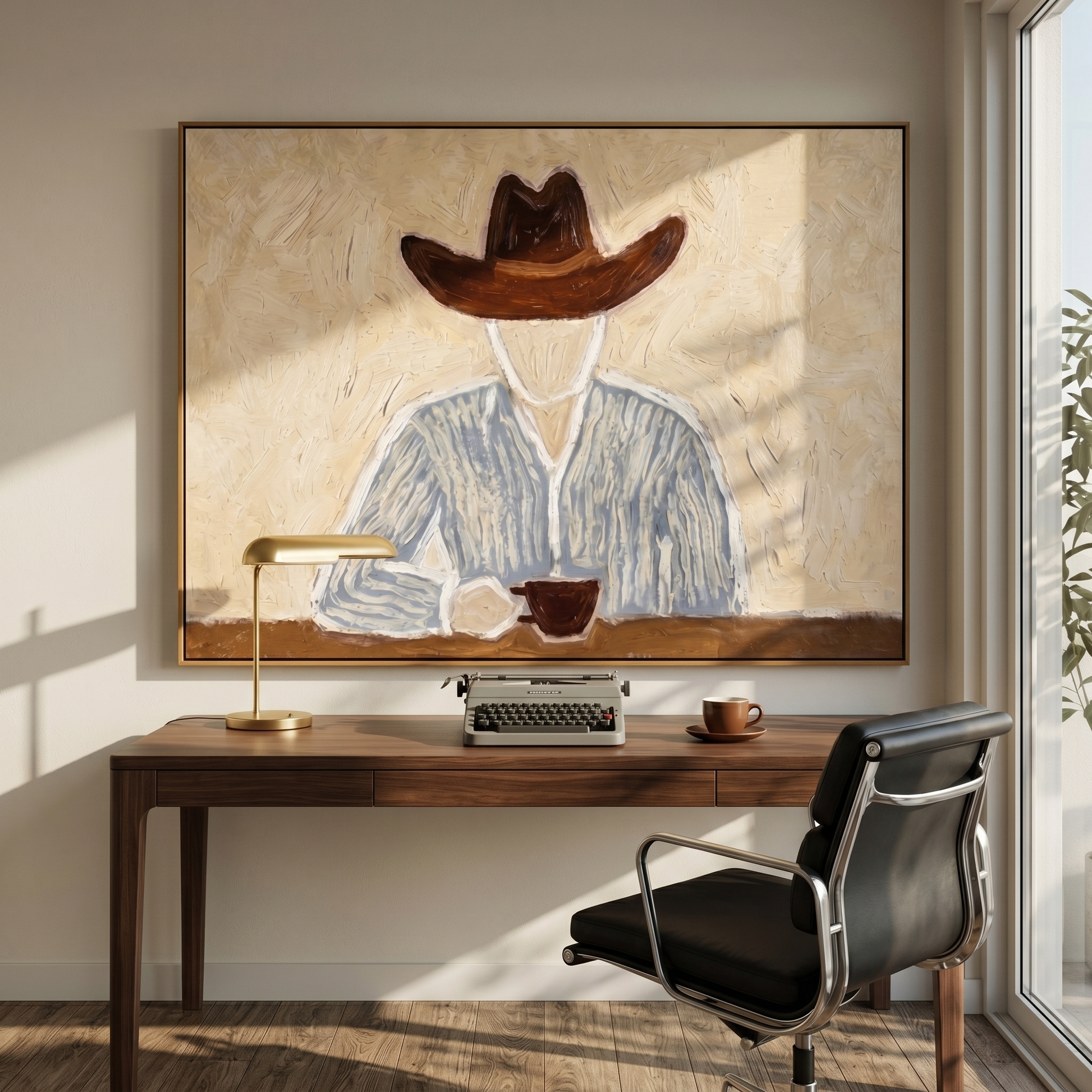 Brown Hat Morning Coffee — Solitary Cowboy Coffee Painting | Modern Figurative Horizontal Wall Art – brown and gray modern figurative vintage americana art, horizontal hand-painted canvas art – view 6