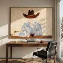 Brown Hat Morning Coffee — Solitary Cowboy Coffee Painting | Modern Figurative Horizontal Wall Art – brown and gray modern figurative vintage americana art, horizontal hand-painted canvas art – view 6