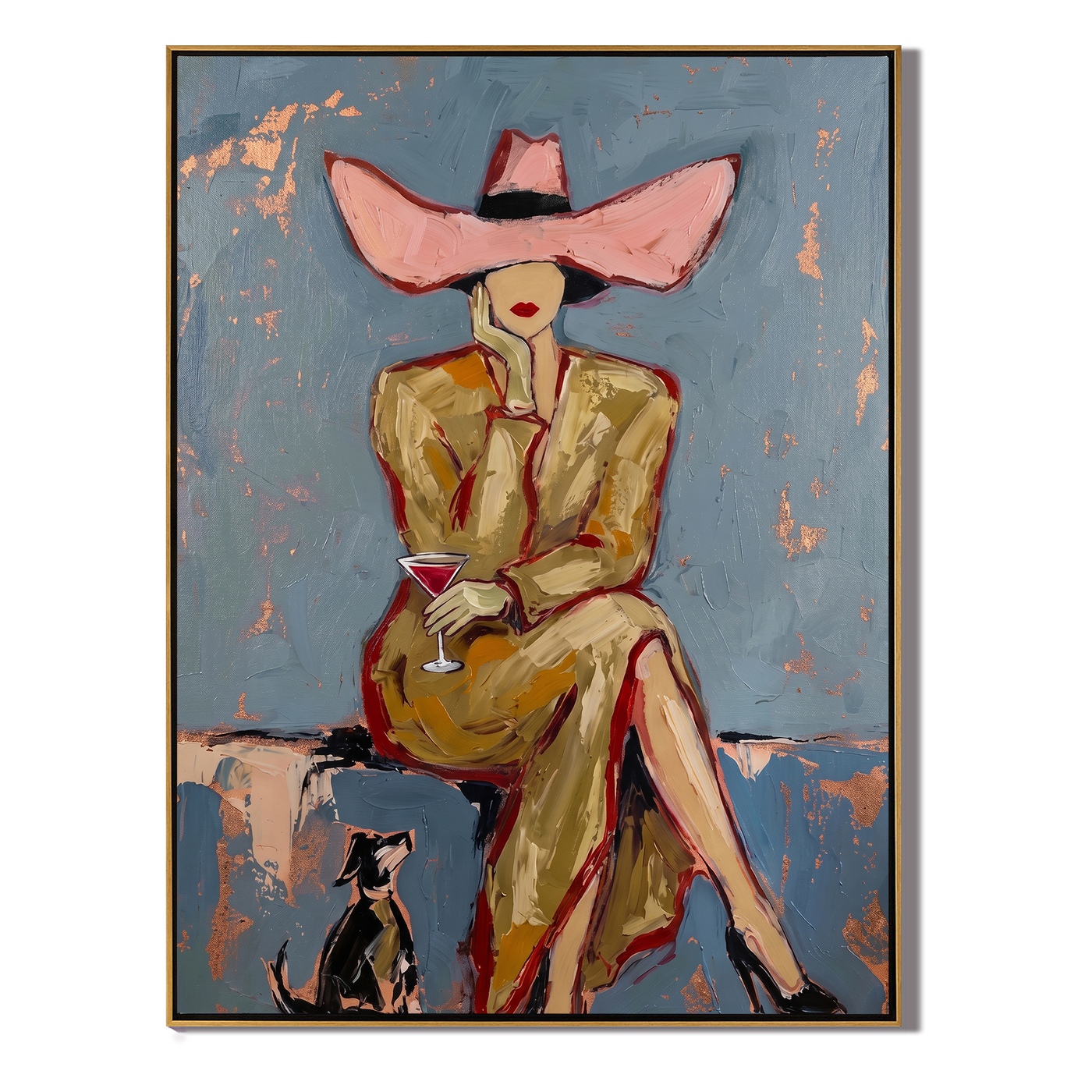 Pink Brim Waits Blue — Pink-Hat Cocktail Woman Painting | Modern Figurative Vertical Wall Art – blue and gray and brown modern figurative vintage americana art, vertical hand-painted canvas art – view 1