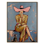 Pink Brim Waits Blue — Pink-Hat Cocktail Woman Painting | Modern Figurative Vertical Wall Art – blue and gray and brown modern figurative vintage americana art, vertical hand-painted canvas art – view 1