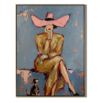 Pink Brim Waits Blue — Pink-Hat Cocktail Woman Painting | Modern Figurative Vertical Wall Art – blue and gray and brown modern figurative vintage americana art, vertical hand-painted canvas art – view 1