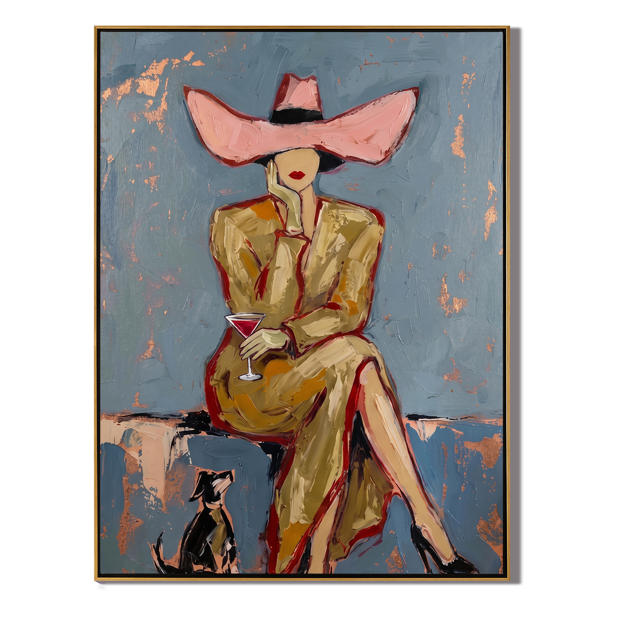 Pink Brim Waits Blue — Pink-Hat Cocktail Woman Painting | Modern Figurative Vertical Wall Art – blue and gray and brown modern figurative vintage americana art, vertical hand-painted canvas art – view 1
