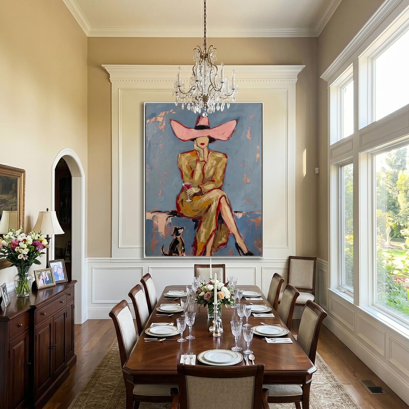 Pink Brim Waits Blue — Pink-Hat Cocktail Woman Painting | Modern Figurative Vertical Wall Art – blue and gray and brown modern figurative vintage americana art, vertical hand-painted canvas art – view 2
