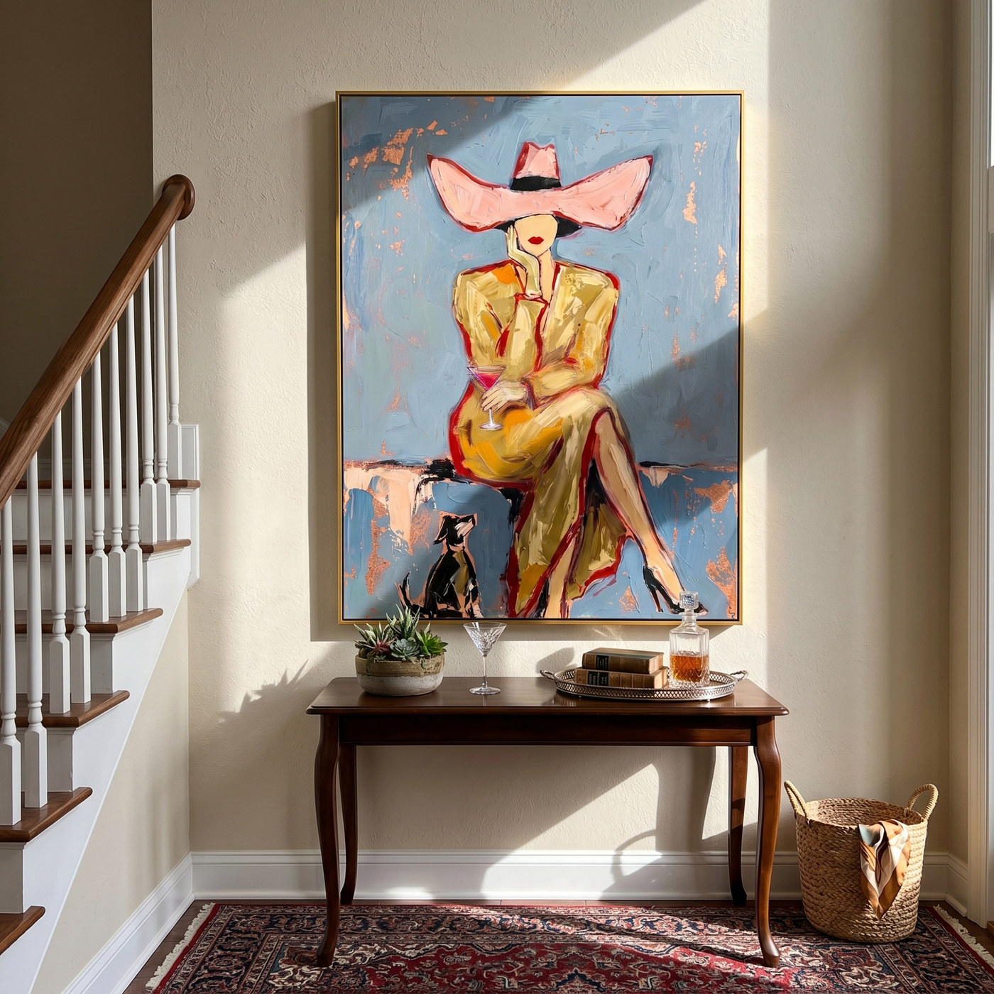 Pink Brim Waits Blue — Pink-Hat Cocktail Woman Painting | Modern Figurative Vertical Wall Art – blue and gray and brown modern figurative vintage americana art, vertical hand-painted canvas art – view 3