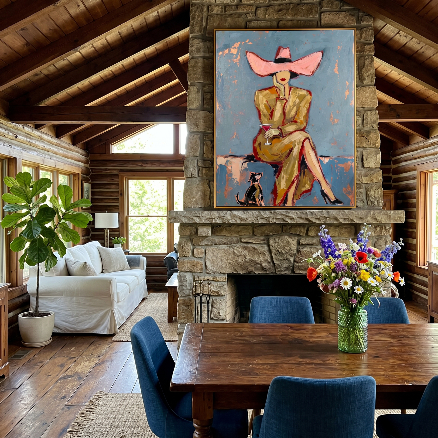 Pink Brim Waits Blue — Pink-Hat Cocktail Woman Painting | Modern Figurative Vertical Wall Art – blue and gray and brown modern figurative vintage americana art, vertical hand-painted canvas art – view 4