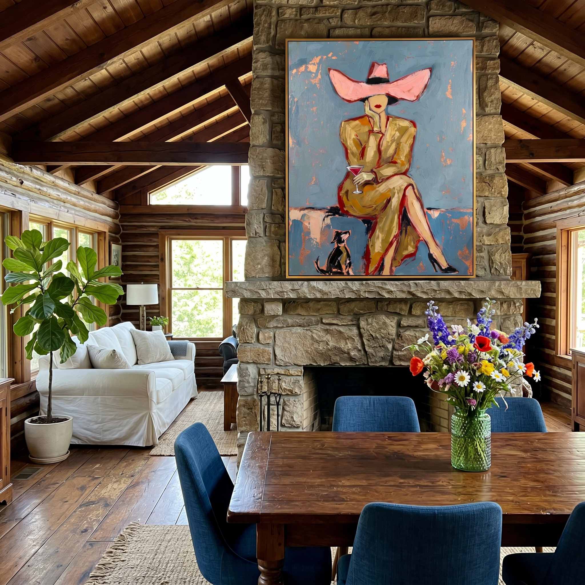 Pink Brim Waits Blue — Pink-Hat Cocktail Woman Painting | Modern Figurative Vertical Wall Art – blue and gray and brown modern figurative vintage americana art, vertical hand-painted canvas art – view 4