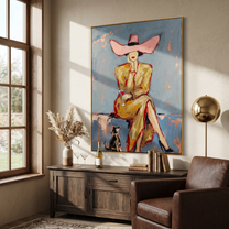 Pink Brim Waits Blue — Pink-Hat Cocktail Woman Painting | Modern Figurative Vertical Wall Art – blue and gray and brown modern figurative vintage americana art, vertical hand-painted canvas art – view 5