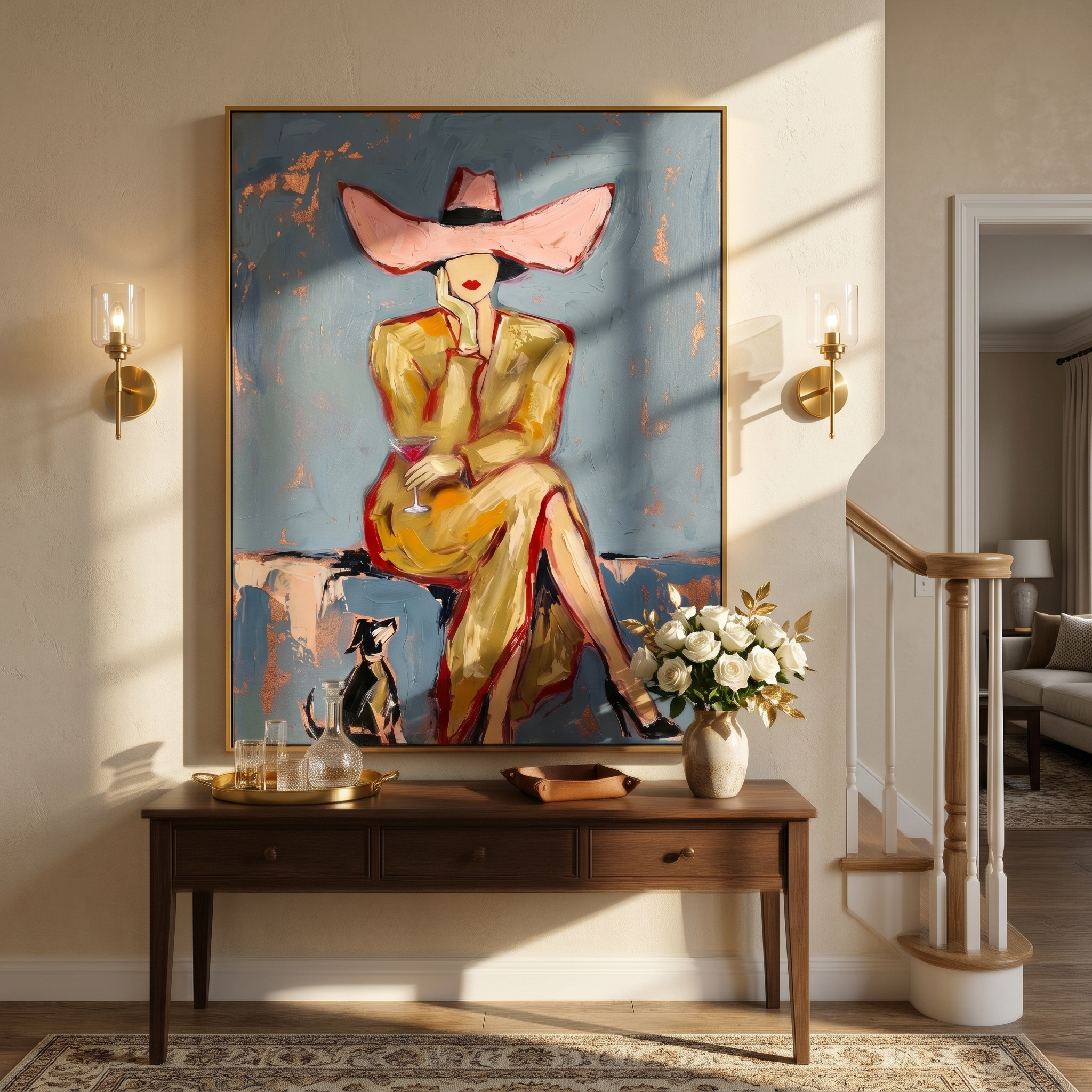 Pink Brim Waits Blue — Pink-Hat Cocktail Woman Painting | Modern Figurative Vertical Wall Art – blue and gray and brown modern figurative vintage americana art, vertical hand-painted canvas art – view 6