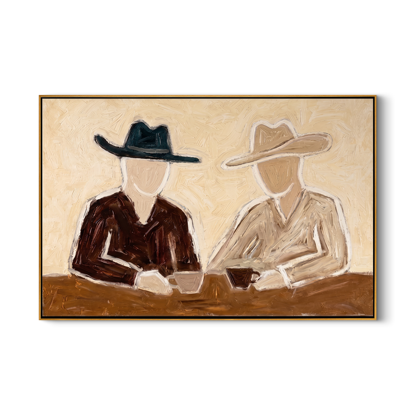 Two Hats Split Morning — Seated Cowboy Pair Painting | Modern Figurative Horizontal Wall Art – brown and black modern figurative vintage americana art, horizontal hand-painted canvas art – view 1