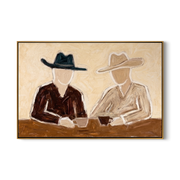 Two Hats Split Morning — Seated Cowboy Pair Painting | Modern Figurative Horizontal Wall Art – brown and black modern figurative vintage americana art, horizontal hand-painted canvas art – view 1
