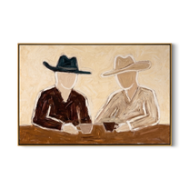 Two Hats Split Morning — Seated Cowboy Pair Painting | Modern Figurative Horizontal Wall Art – brown and black modern figurative vintage americana art, horizontal hand-painted canvas art – view 1