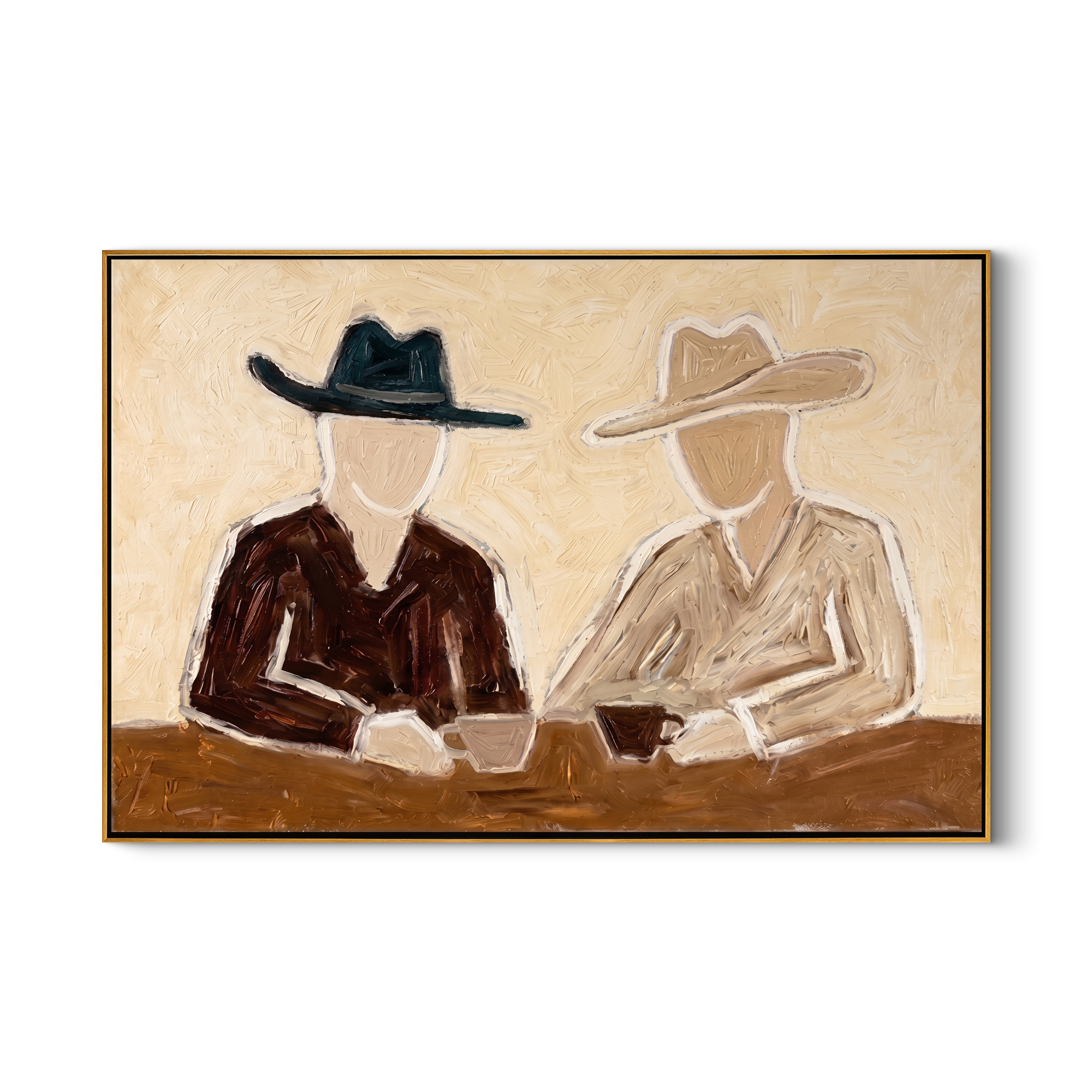 Two Hats Split Morning — Seated Cowboy Pair Painting | Modern Figurative Horizontal Wall Art – brown and black modern figurative vintage americana art, horizontal hand-painted canvas art – view 1