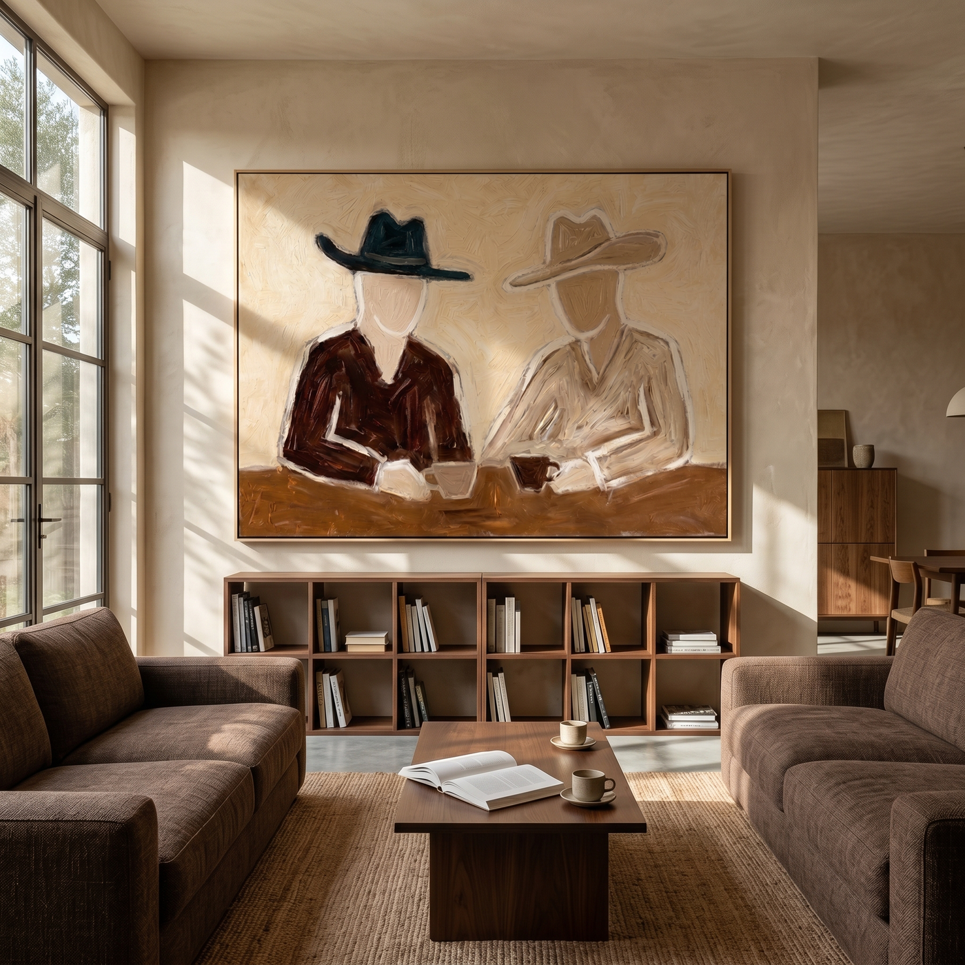 Two Hats Split Morning — Seated Cowboy Pair Painting | Modern Figurative Horizontal Wall Art – brown and black modern figurative vintage americana art, horizontal hand-painted canvas art – view 2