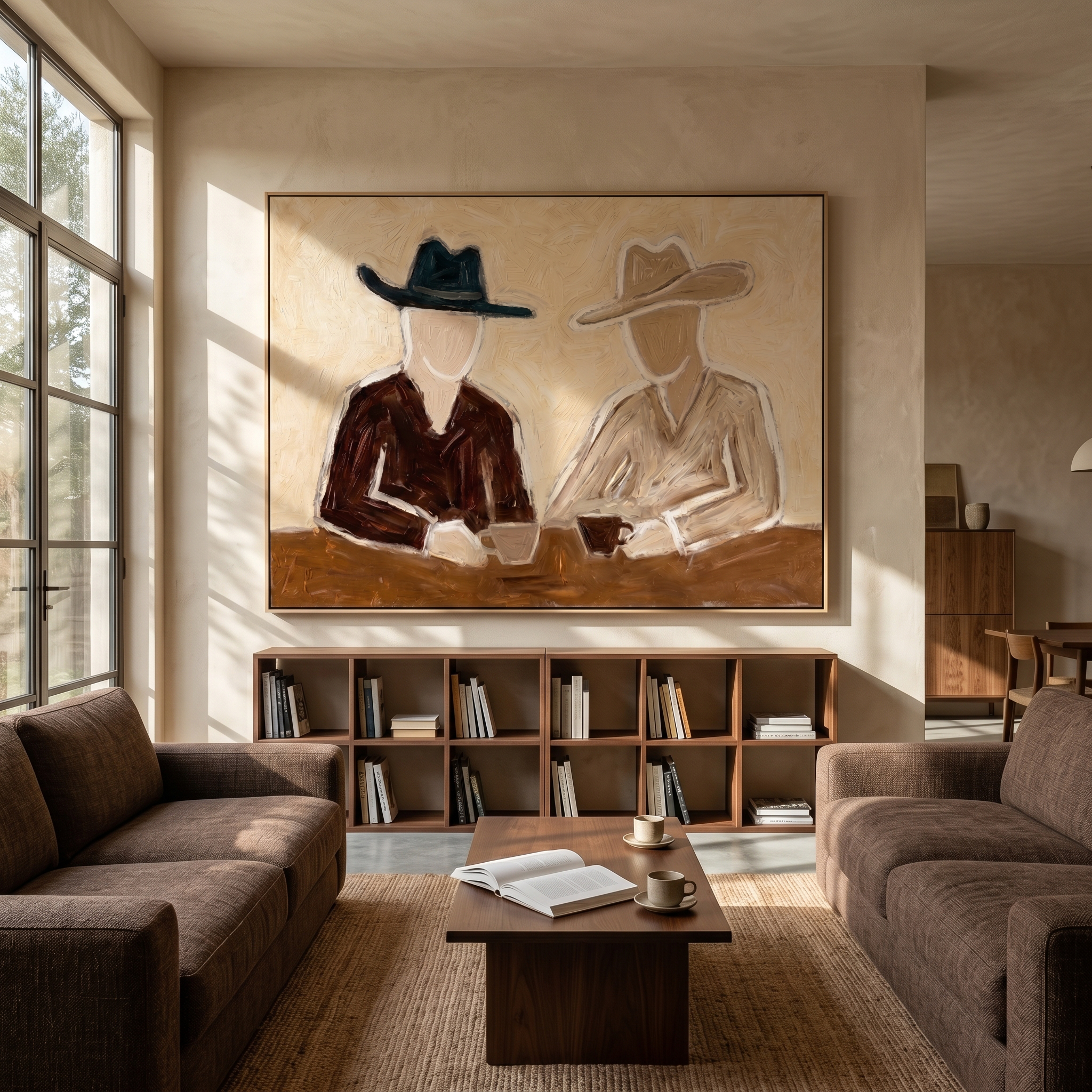 Two Hats Split Morning — Seated Cowboy Pair Painting | Modern Figurative Horizontal Wall Art – brown and black modern figurative vintage americana art, horizontal hand-painted canvas art – view 2