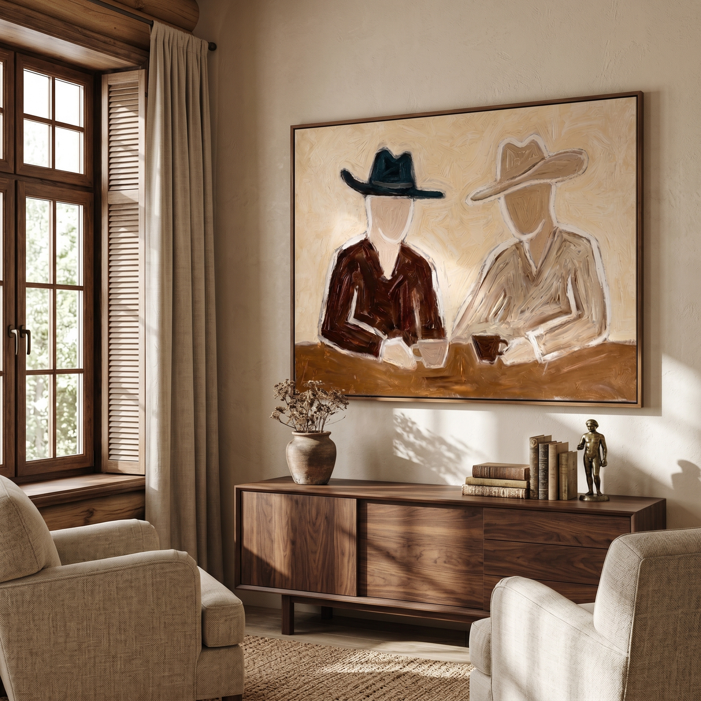 Two Hats Split Morning — Seated Cowboy Pair Painting | Modern Figurative Horizontal Wall Art – brown and black modern figurative vintage americana art, horizontal hand-painted canvas art – view 3