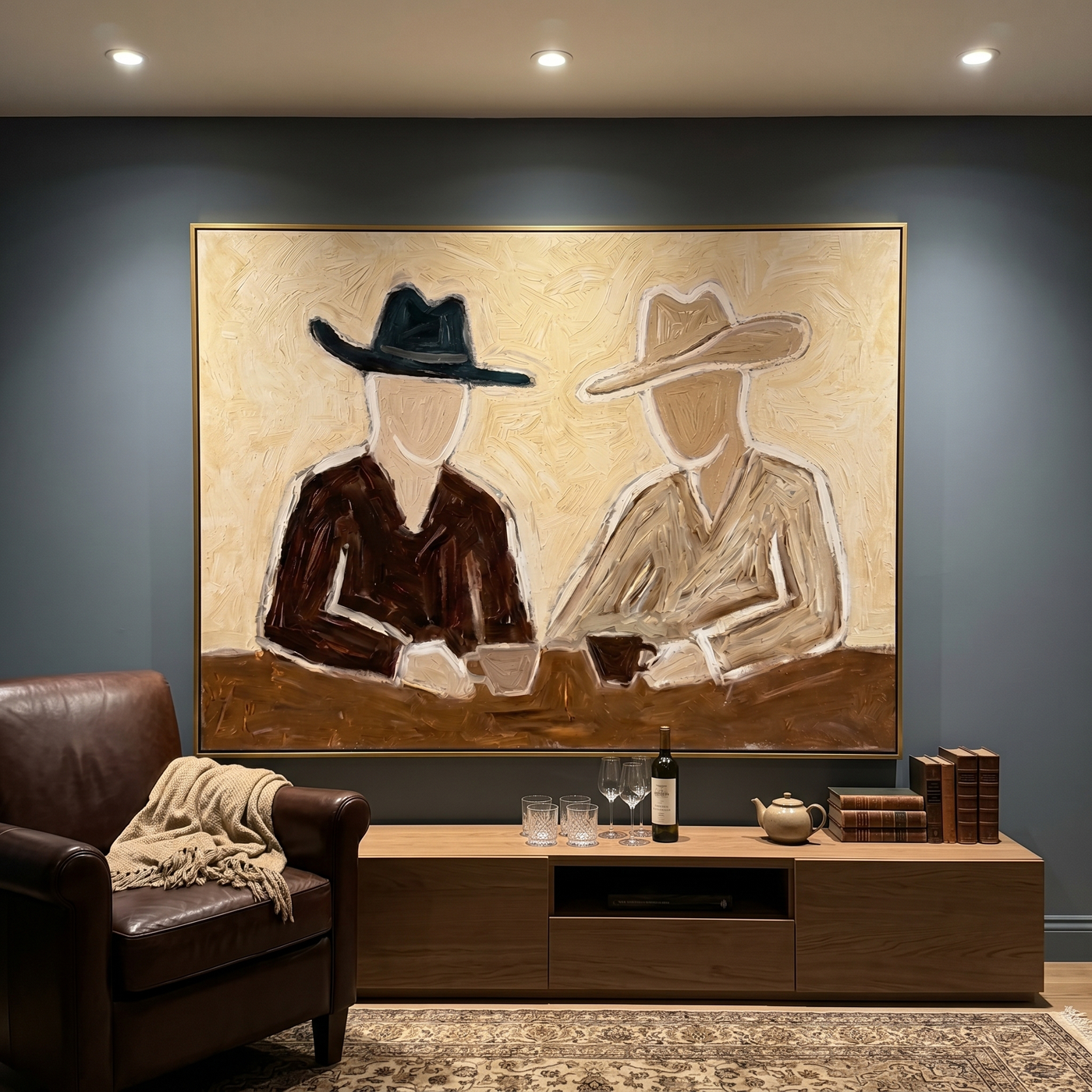 Two Hats Split Morning — Seated Cowboy Pair Painting | Modern Figurative Horizontal Wall Art – brown and black modern figurative vintage americana art, horizontal hand-painted canvas art – view 4