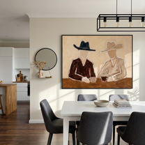 Two Hats Split Morning — Seated Cowboy Pair Painting | Modern Figurative Horizontal Wall Art – brown and black modern figurative vintage americana art, horizontal hand-painted canvas art – view 5
