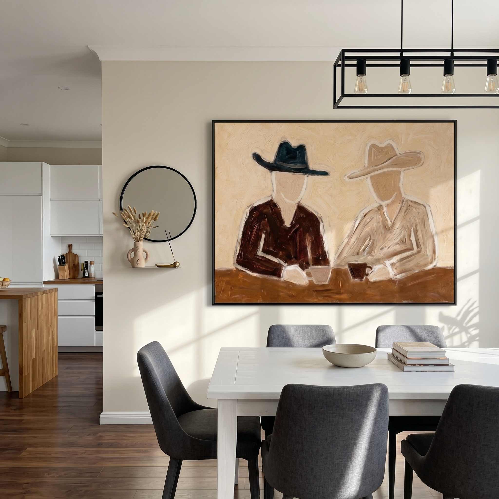 Two Hats Split Morning — Seated Cowboy Pair Painting | Modern Figurative Horizontal Wall Art – brown and black modern figurative vintage americana art, horizontal hand-painted canvas art – view 5
