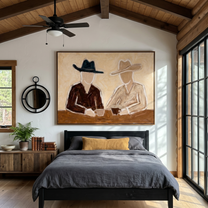 Two Hats Split Morning — Seated Cowboy Pair Painting | Modern Figurative Horizontal Wall Art – brown and black modern figurative vintage americana art, horizontal hand-painted canvas art – view 6
