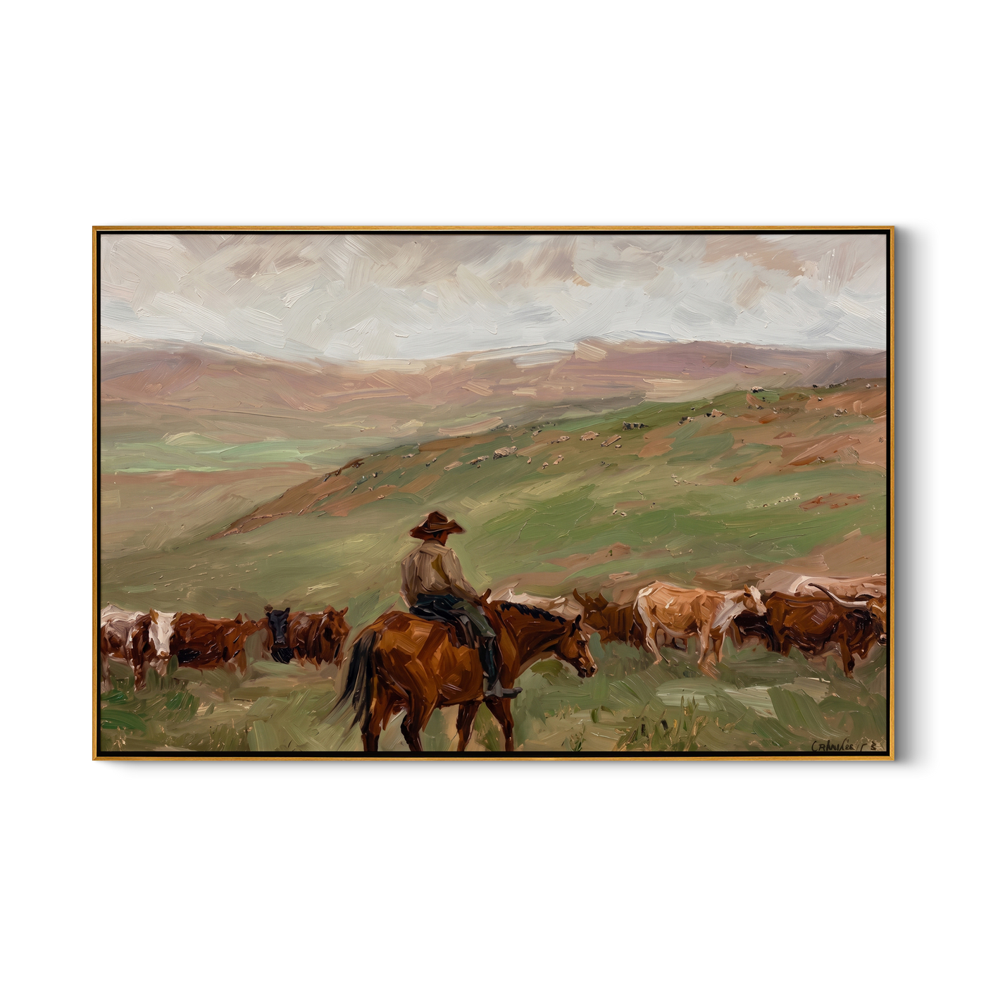 Herd Moves Under Rain — Rancher and Cattle Landscape Painting | Modern Figurative Horizontal Wall Art – brown and gray modern figurative vintage americana art, horizontal hand-painted canvas art – view 1