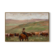 Herd Moves Under Rain — Rancher and Cattle Landscape Painting | Modern Figurative Horizontal Wall Art – brown and gray modern figurative vintage americana art, horizontal hand-painted canvas art – view 1