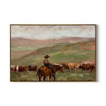 Herd Moves Under Rain — Rancher and Cattle Landscape Painting | Modern Figurative Horizontal Wall Art – brown and gray modern figurative vintage americana art, horizontal hand-painted canvas art – view 1