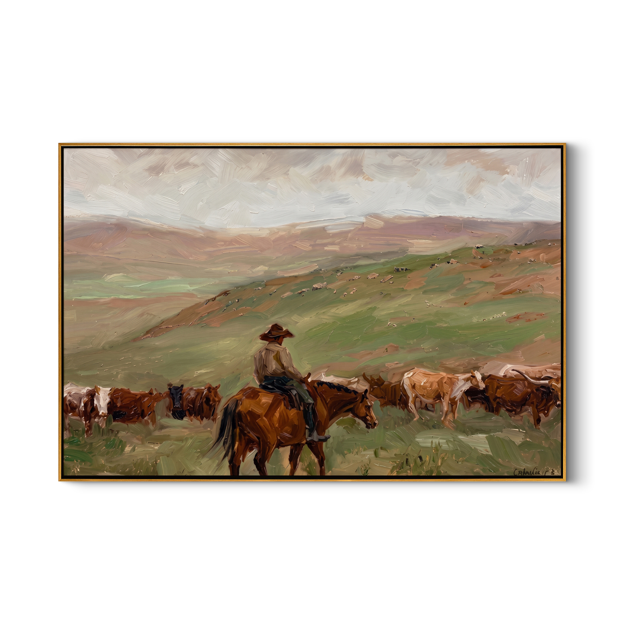 Herd Moves Under Rain — Rancher and Cattle Landscape Painting | Modern Figurative Horizontal Wall Art – brown and gray modern figurative vintage americana art, horizontal hand-painted canvas art – view 1