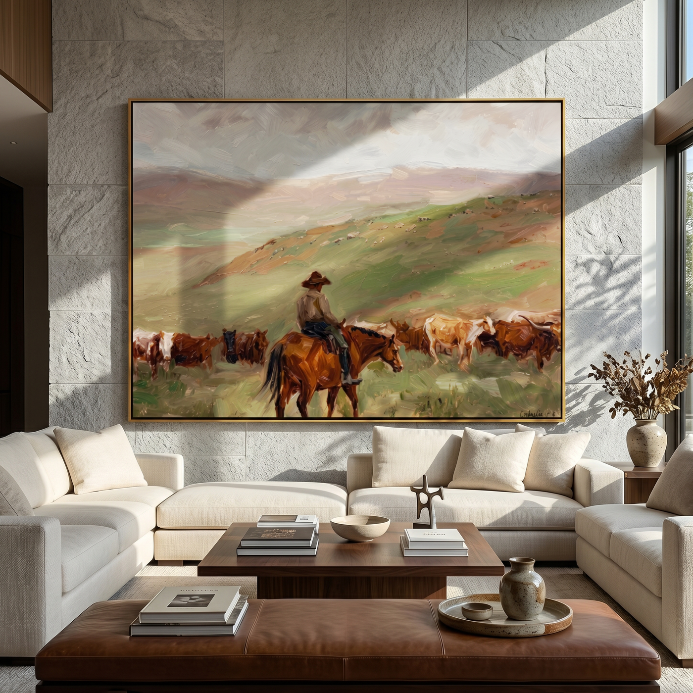 Herd Moves Under Rain — Rancher and Cattle Landscape Painting | Modern Figurative Horizontal Wall Art – brown and gray modern figurative vintage americana art, horizontal hand-painted canvas art – view 2